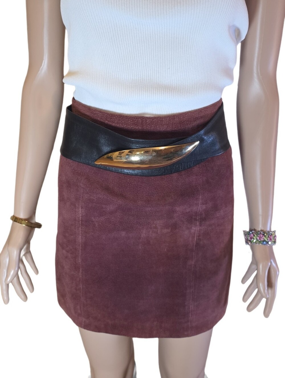 Vintage Minimalist  Black Leather Cinch Belt Gold Abstract Buckle 30- 33 Waist
